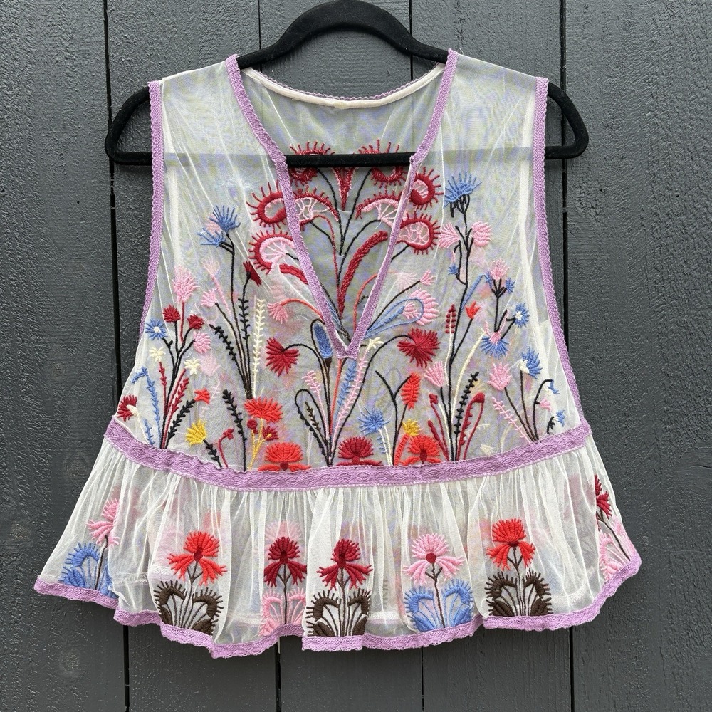 Boho Fairy Floral Embroidered Sheer Mesh Tank Top XS Ethereal Romantic Going Out